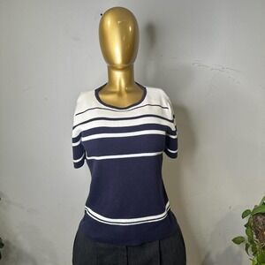 Nautical Grandma Navy & white striped short sleeve top medium petite